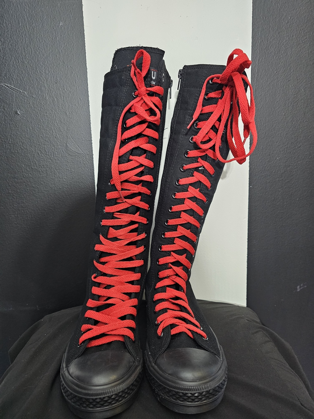 Black Knee-High Lace-Up Boots with Red Laces - Picture 3 of 7